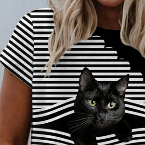 Women's T shirt Diagonal Striped Cat