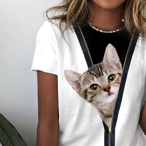 Women's T shirt White Cat Print