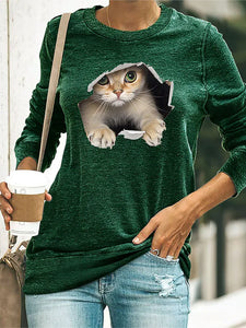 Women's T shirt Cat Print Long Sleeve